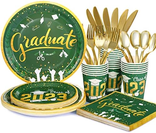 2023 סיום נייר צלחות כלי שולחן סט כולל צלחות, מפיות, כוס, סכינים, מזלגות, כפות עבור מכללת תיכון מסיבת סיום קישוטי