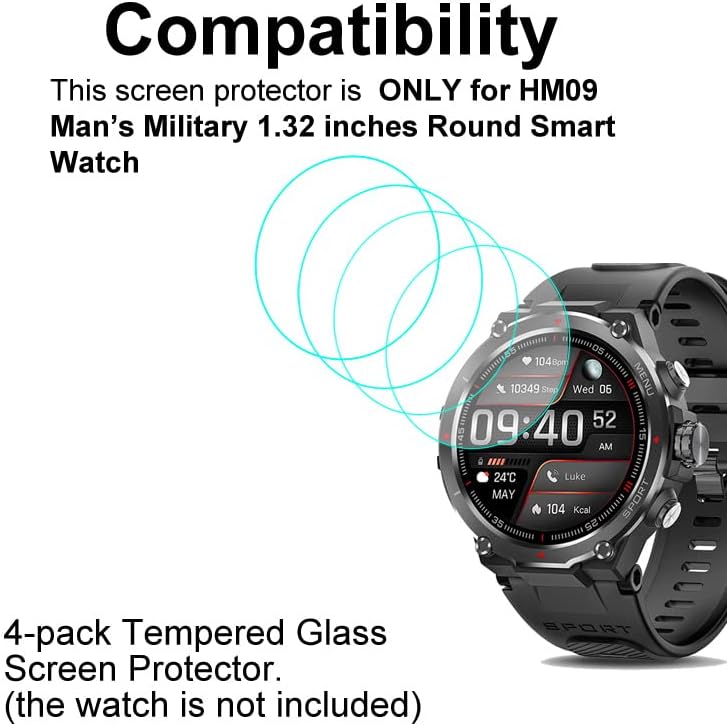 מגן מסך זכוכית מחוסמת SMAATE התואם ל- MOOWHSH HM09 1.32 אינץ 'צבאי עגול צבאי חכם, 4-חבילה, עובי 0.26