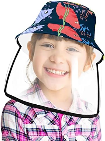 כובע מגן למבוגרים עם מגן פנים, כובע דייג כובע אנטי שמש, מדוזות מצוירות של חיות ים דגי צדפות.