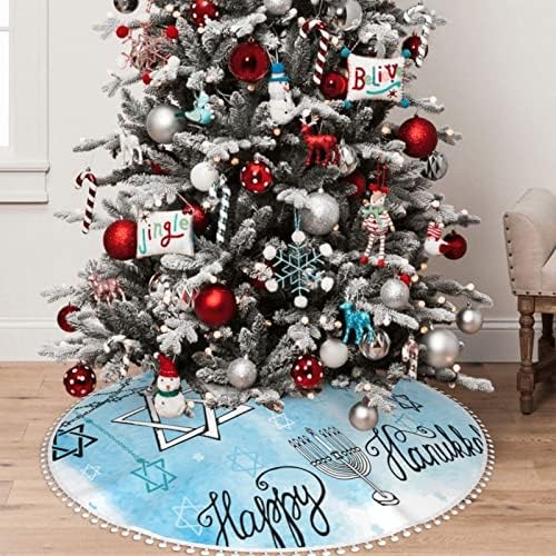 חצאית עץ חג המולד עם פום לקצץ קישוטי בית חג המולד של פום-קנדל-חנוכה כחול-חנוכה 48