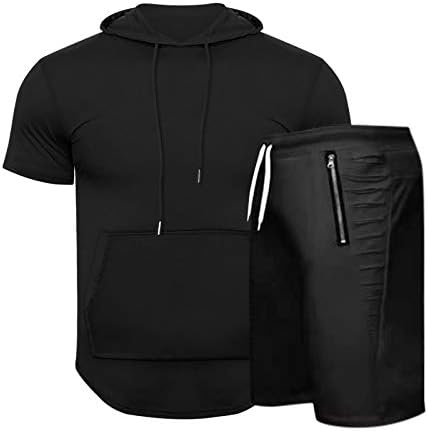מכנסיים קצרים ספורטיביים מרקמים קיץ גברים קצרים של שרוול ברדס עם חליפות גברים ומגדירים שני חתיכות חליפות שחורות