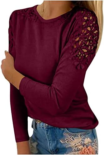 2023 אביב אופנה חולצות לנשים סרוגה פרחוני תחרה חלולים כתף חולצה ארוך שרוול צווארון עגול סוודר חולצה