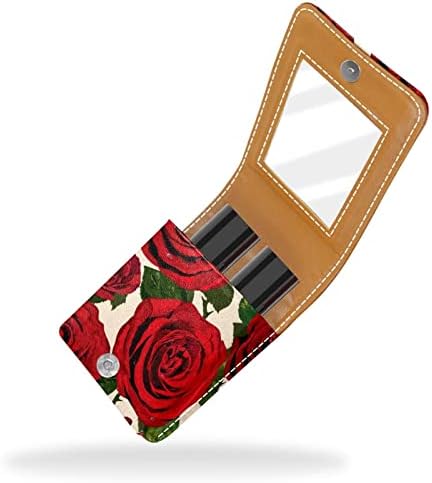 רטרו אהבה אדום עלה פרח דפוס שפתון פאוץ עם מראה שפתון מחזיק עבור ארנק מיני תיק קוסמטי