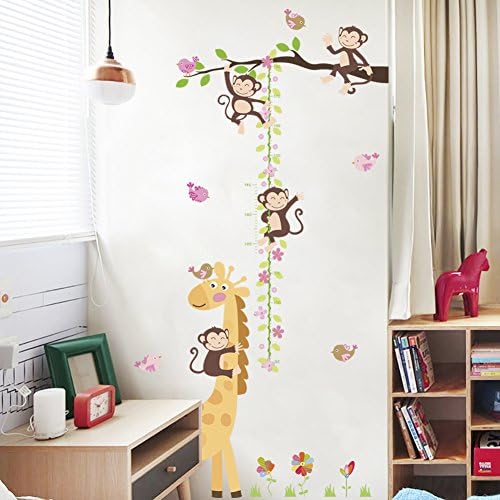 נשלף קופים וג ' ירפה גובה תרשים קיר מדבקות עץ סניף ופרח צמיחה שליט לילדים חדרי שינה בני ובנות חדרי נוארסרי