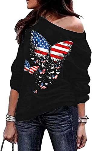 דקוגיבר נשים סקסי מחוץ לכתף חידוש דגל אמריקאי פס כוכב מודפס שרוול ארוך סווטשירטים פטריוטיים