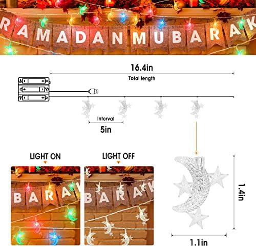 קישוטי רמדאן אקליסטים אורות מחרוזת כוכבים וירח לרמדאן ואיד מובארק המוסלמי, 40 סוללות LED המופעלות על