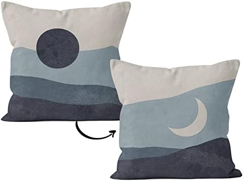 Hiwx תקציר בוהו שמש ירח הרים כרית דקורטיביים לזרוק כיסוי כרית, אמנות מודרנית כחולה שמש ירח נוף לספה מיטת בנות