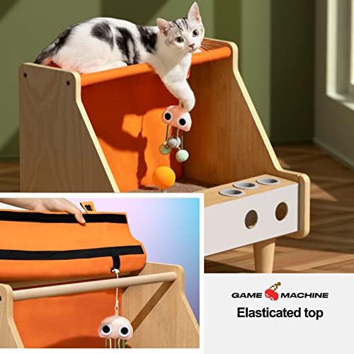בית חתולים מעץ, דירת חתולים בצורת מכונת משחק עם לוח גירוד, כרית נשלפת וכדורי צעצוע, מיטת קינון