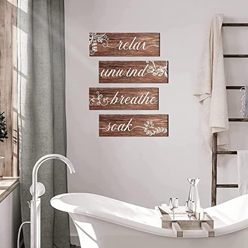 סט תפאורה לחדר אמבטיה חום של 4 - הרגע להשרות להירגע נושם קיר עץ תלייה שלטי חווה כפרי קיר אמבטיה אמנות ספא