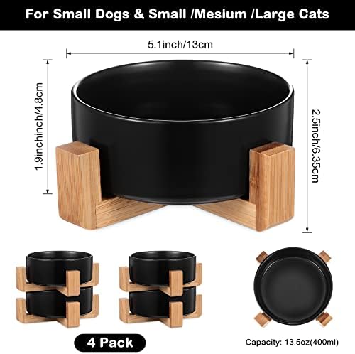 4 מארז קרמיקה כלב חתול קערות עם מעמד עץ קטן כלבים קערת גור מזון ומים קערות שחור לחיות מחמד קערת צלחת מודרני