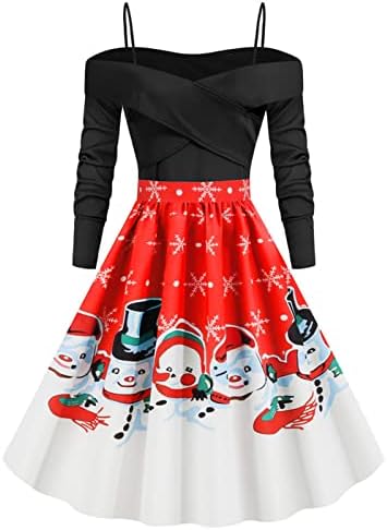 נשים כבוי כתף רטרו שמלת מסיבת חג המולד שמלות חמוד שלג הדפסת חג המולד קוקטייל ארוך שרוולים נדנדה שמלה