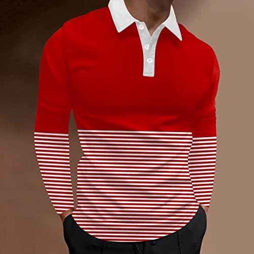 חולצות פולו לגברים של PDFBR, שרוול ארוך אביב פסים בלוק טלאים טלאים כפתור צוואר גולף גולף