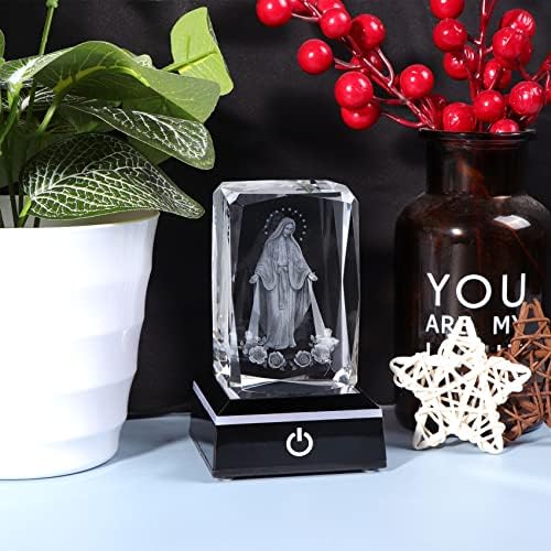 Movdyka 3D Crystal Virgin Mary פסל מתנות דתיות לנשים גברים נוצריים, לייזר חריטה בתולה מרים ופרחים עיצוב צלמיות