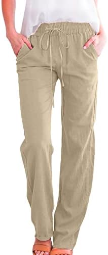 מכנסי מכנסי פשתן כותנה מכנסיים אלסטיים מזדמנים מכנסיים במותניים גבוה