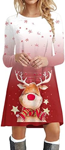 חולצת טריקו של שרוול ארוך נשים שמלת הדפס חג המולד שמלת נדנדה מזדמנים שמלות חג שמלות לנשים