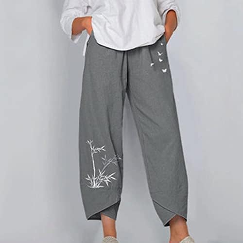 נשים מתלקחות רגל רחבה מותניים אלסטיות מכנסי מגף מכנסיים רקומים הדפס פרחוני רגוע מכנסיים פשתן מכנסיים