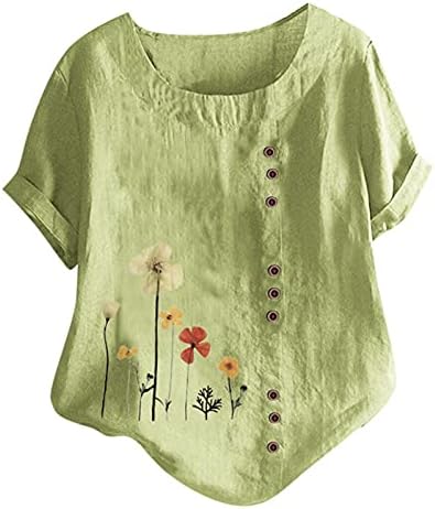 בתוספת גודל פשתן חולצות לנשים צבעוני פרחוני מודפס כפתור חולצה קיץ עגול צוואר קצר שרוול חולצות