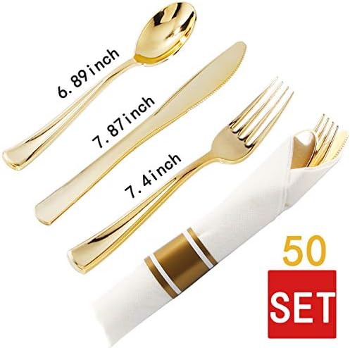 ווליף 350 יחידות כלי אוכל מרובעים מפלסטיק זהב, צלחות פלסטיק חד פעמיות מזהב, כולל: 50 צלחות ארוחת ערב10. 25, 50