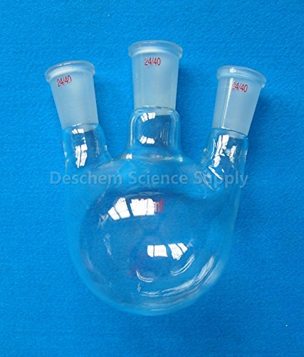 Deschem 500 מל, 3 צווארון, 24/40, בקבוק זכוכית תחתון עגול, שלושה בקבוק מעבדה צוואר