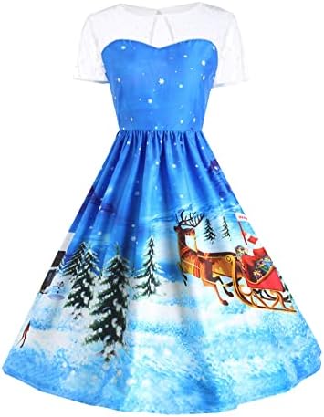 נשים של שמלת חג המולד הדפסת מקרית קוקטייל שמלה לנשף צוואר רשת צרופה קצר שרוול אונליין נדנדה מסיבת