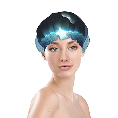 כוכבי ירח וכוכבי לכת כובע מקלחת מודפס, שכבות כפולות כובע אמבטיה לנשים כובעי מקלחת אמבטיה אטומים למים כובע שיער