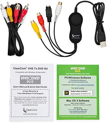 ClearClick VHS לערכת DVD עבור PC & Mac - מכשיר USB, תוכנה, הוראות ותמיכה טכנולוגית - צילום וידאו מ- VCR,