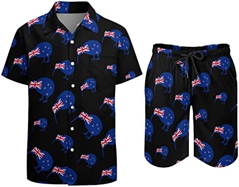 Weedkeycat ניו זילנד קיווי ציפור תלבושות חוף גברים 2 חלקים כפתור הוואי למטה חולצה עם שרוול קצר