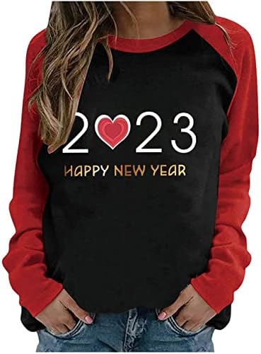 שנה טובה 2023 עליון לנשים חולצות חג חמוד חולצות לב הדפס חולצה שרוול ארוך סווטשירט סווטשירט סוודר טוניקה