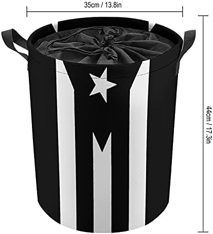 פורטו ריקו שחור דגל גאווה עגול כביסה שקיות עמיד למים סל אחסון סל עם ידיות שרוך סגירת מכסה