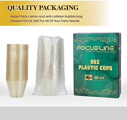 פוקוסליין 100 מארז כוסות פלסטיק נצנצים מזהב 9 עוז כוסות פלסטיק שקופות כוסות, כוסות פלסטיק קשיח חד פעמיות