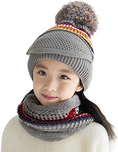 3 ב 1 חורף כובע שפה סרוג כובע צוואר פה חמים יותר לבנות ילדים, כובעי סקי מרופדים עם פליס עם פומפום