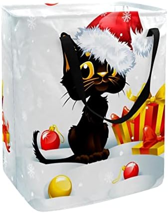 כובע חג המולד חתול עם מתנות הדפס סל כביסה מתקפל, סלי כביסה עמידים למים 60 ליטר אחסון צעצועי כביסה לחדר שינה