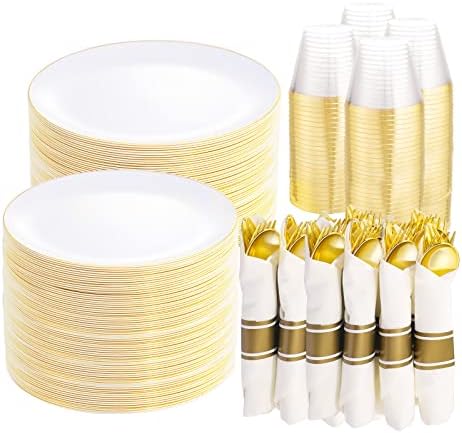 צלחות פלסטיק זהב לבן 700 פיקס, מפיות מגולגלות עם כלי כסף חד פעמיים מזהב, סט כלי אוכל מזהב כולל: 100 צלחות