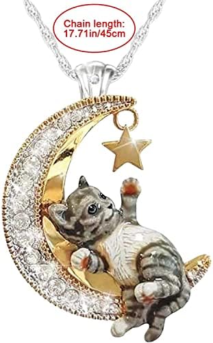 סהר שרשראות לנשים חמוד חתול ירח כוכב תליון שרשרת אופנה בציר שני טון מבריק יהלומים משובץ קריסטל מעוקב זירקוניה