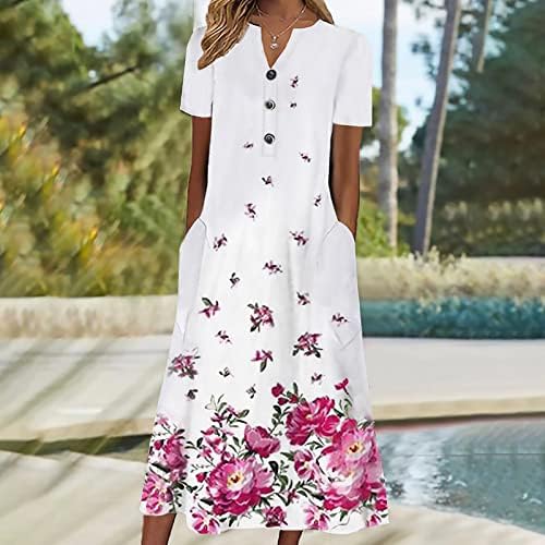 שמלת צוואר נ 'קיץ לנשים נשים 2023 כפתור שמלה ארוכה פרחונית שמלת חוף קפלים שמלות נופש שרוול קצר