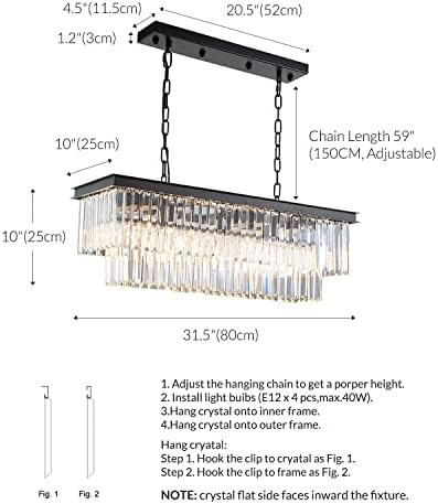 נוקסארטה מלבני קריסטל נברשת שחור מודרני יוקרה 6 אורות תקרת אור קבועה עבור סלון אוכל חדר חווה ל32 אינץ