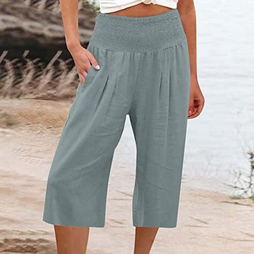 מכנסי קפרי של Hjuyyuah לנשים בתוספת פשתן כותנה בגודל רגל רחבה קפריס אלסטית מכנסיים מכנסיים מכנסיים