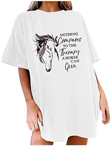 נשים גדולות על מכתבי סוס חולצת טי הדפסת טיול רופפת צמרות קיץ טרנדיות שרוול קצר