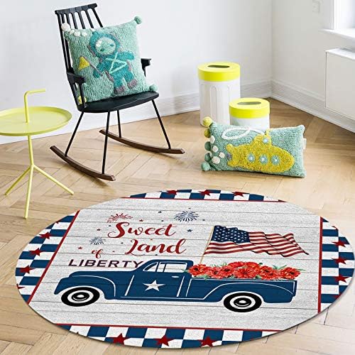 שטיח שטח עגול גדול לחדר שינה בסלון, שטיחים 3ft ללא החלקה לחדר ילדים, עומס משאית של יום העצמאות של אמריקה דגל