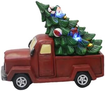 עיצוב חג המולד וינטג 'משאית אדומה עם עץ חג המולד, עיצוב שולחן חג המולד עם נורות LED - סוללה המופעלת על ידי
