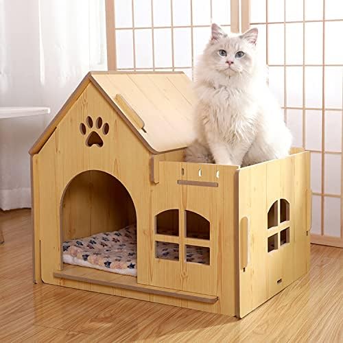 בתים לחתולי עץ מקנוס, בתי כלבים לכלבים קטנים עם חלון צדדי, בית מחמד עץ עם גג רצפה מוגבה לשימוש מקורה,