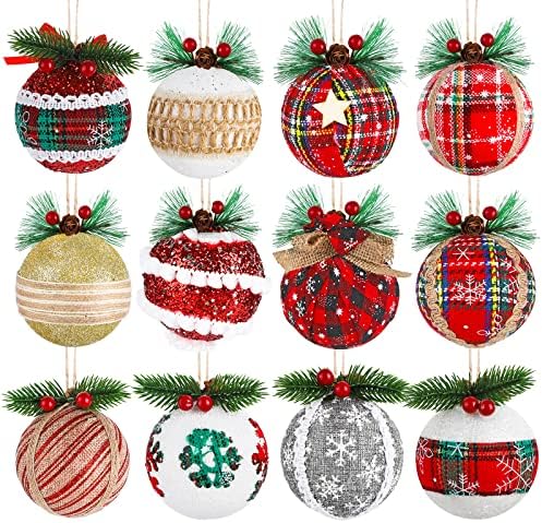 ADXCO 12 חלקים לחג המולד קישוטי כדור קישוטי כדור קצף באפלו משובץ כדור כפרי עץ חג המולד כפרי קישוטי