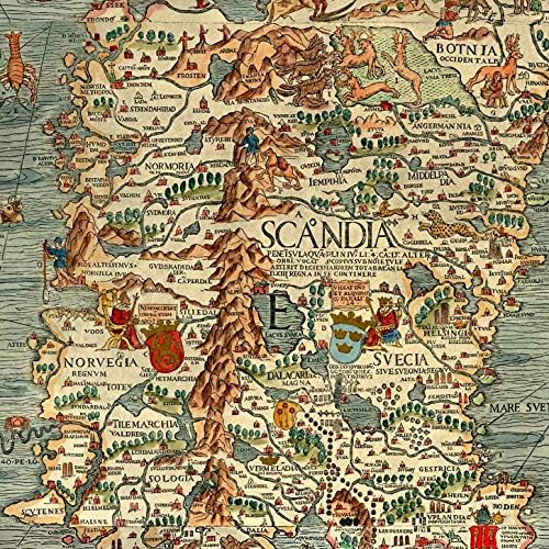 מפת ים של סקנדינביה מאת אולאוס מגנוס בשנים 1527-39. קרטה מרינה. שוודיה, דנמרק, נורבגיה, איסלנד ופינלנד.