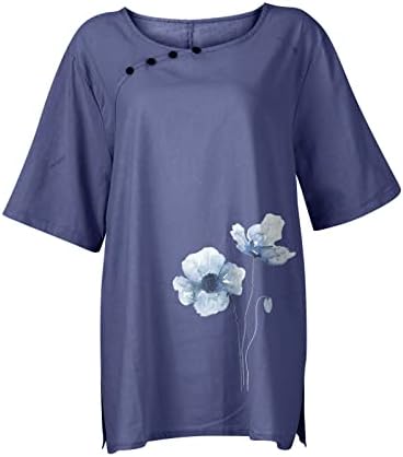 חולצות שרוול קצרות לנשים מודפסות עם כפתור כותנה פשתן צמרות קיץ גדולות