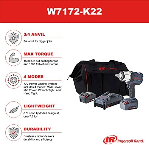 אינגרסול ראנד W7172-K22 3/4 מפתח ברגים השפעה ו -2 ערכת סוללה, 4 מצבי חשמל, מנוע ללא מברשות,