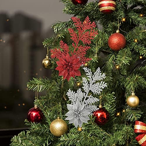 מתנות דקורטיביות מעודנות לחג המולד, 6 יחידות חג המולד פוינסטיה, עץ חג המולד בן 11 אינץ 'פרח משי דקורטיבי,
