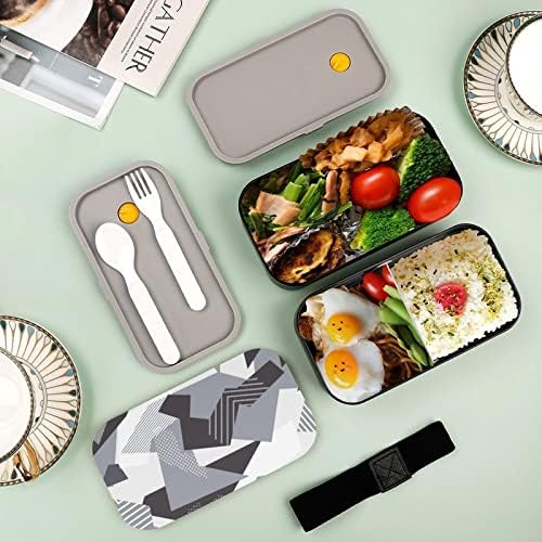 גיאומטרי עם פסי משולשים נקודות קופסת ארוחת צהריים של שכבה כפולה עם כלי אוכל עם מכשיר ארוחת צהריים