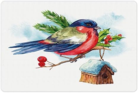 מחצלת חיות מחמד של אמבסון רואן למזון ומים, הרכב חג מולד שמח עם בית ציפורים של אורן הולי בחורף, מחצלת