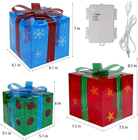 סט אטדאון של 3 קופסאות מתנה מוארות קישוטי חג המולד, כוכב שלג קופסאות קופסאות בהווה, קישוטים לקופסאות מתנה לבית