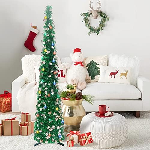 עץ חג מולד קופץ עם אורות, עץ חג המולד של עפר חג המולד של עפרון של 5ft 50ft עם פאייטים של פתית שלג, עץ חג המולד